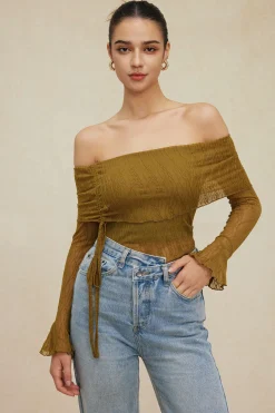 Texture Off Shoulder Asymmetrical Tie Mesh Top