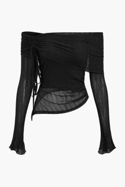 Texture Off Shoulder Asymmetrical Tie Mesh Top