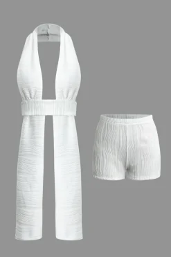 Textured Backless Halter V-Neck Shorts Set