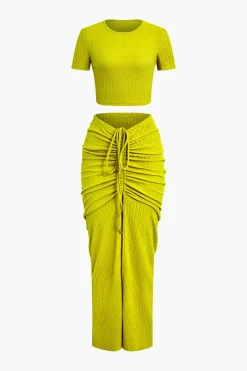 Textured Crop Top And Drawstring Ruched Skirt Set