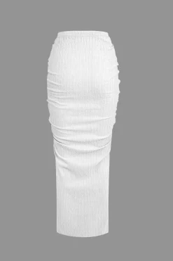 Textured Crop Top And Drawstring Ruched Skirt Set