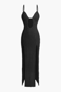 Textured Cut Out Slit Cami Maxi Dress