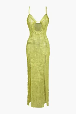Textured Cut Out Slit Cami Maxi Dress