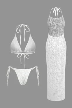 Textured Halter Neck Bikini And Open Knit Cover Up Set