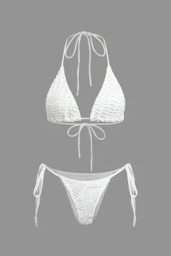 Textured Halter Neck Bikini And Open Knit Cover Up Set