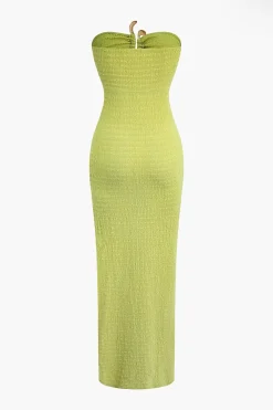 Textured Ruched Cut Out Strapless Slit Maxi Dress