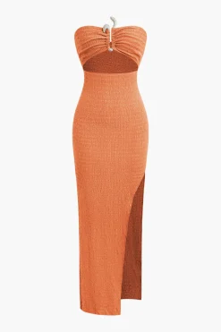 Textured Ruched Cut Out Strapless Slit Maxi Dress
