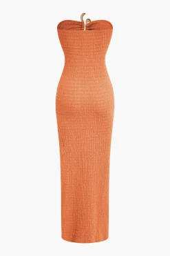 Textured Ruched Cut Out Strapless Slit Maxi Dress