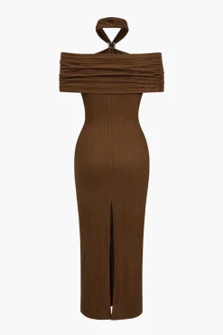 Textured Ruched Slit Midi Dress