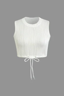 Textured Sleeveless Crop Top And Drawstring Shorts Set