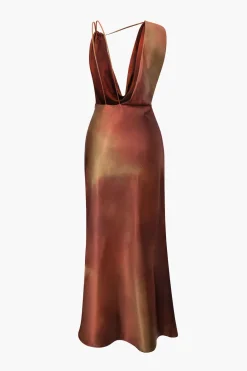 Tie Dye Asymmetric Cowl Neck Satin Maxi Dress