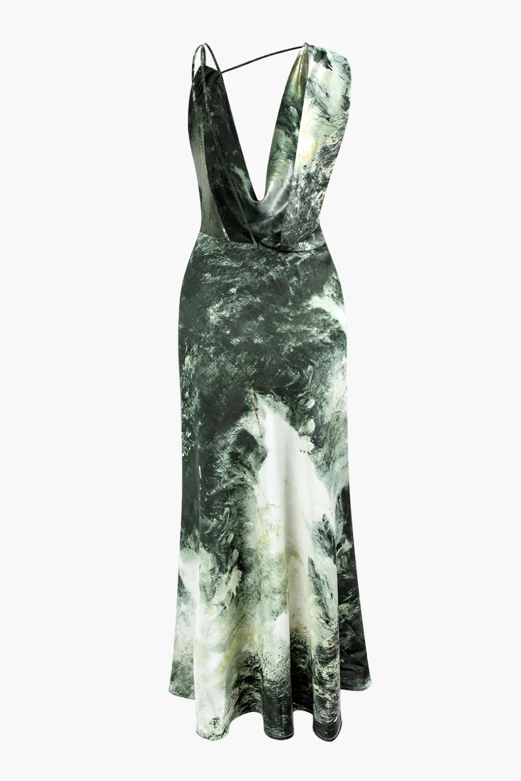 Tie Dye Asymmetric Cowl Neck Satin Maxi Dress