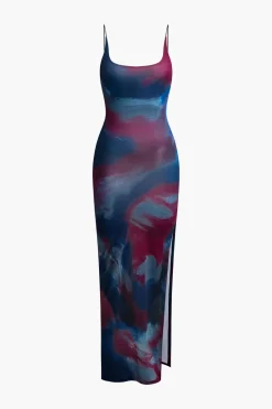 Tie Dye Backless Slit Slip Midi Dress
