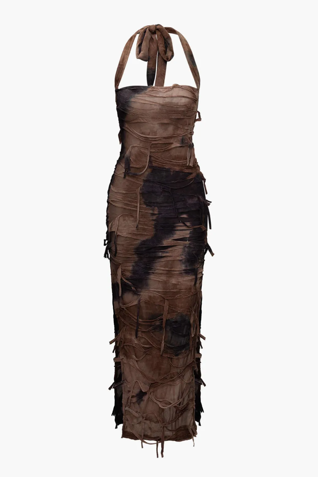 Tie Dye Distressed Mesh Slit Halter Maxi Dress