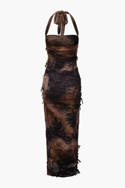 Tie Dye Distressed Mesh Slit Halter Maxi Dress