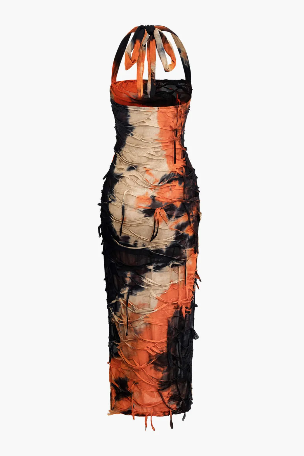Tie Dye Distressed Mesh Slit Halter Maxi Dress