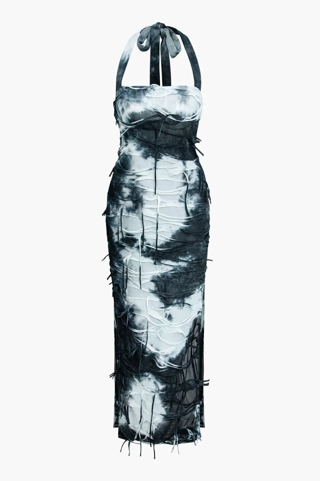 Tie Dye Distressed Mesh Slit Halter Maxi Dress
