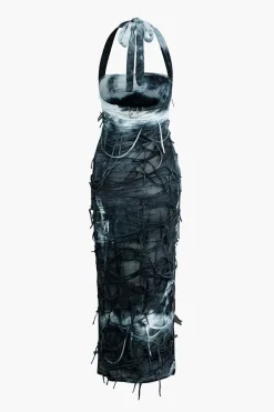 Tie Dye Distressed Mesh Slit Halter Maxi Dress