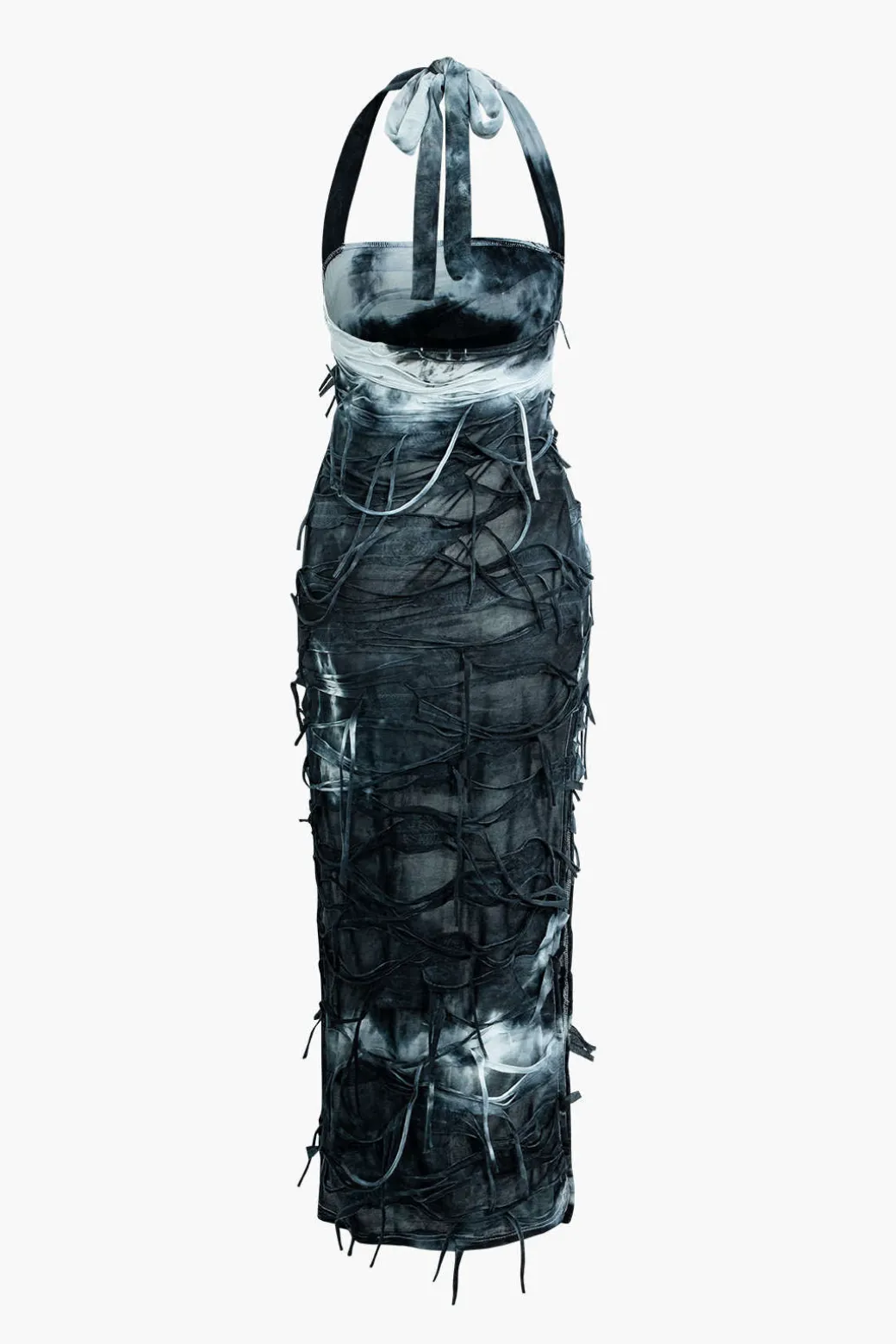 Tie Dye Distressed Mesh Slit Halter Maxi Dress