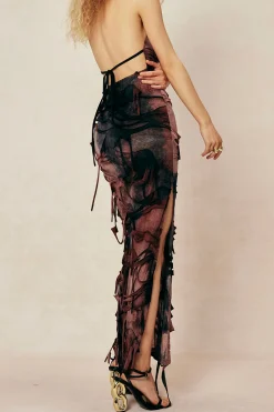 Tie Dye Distressed Mesh Slit Halter Cowl Neck Maxi Dress