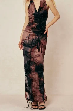 Tie Dye Distressed Mesh Slit Halter Cowl Neck Maxi Dress