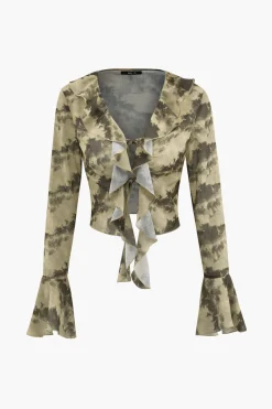 Tie Dye Flare Sleeve Tie Front Ruffle Top And Rose Choker