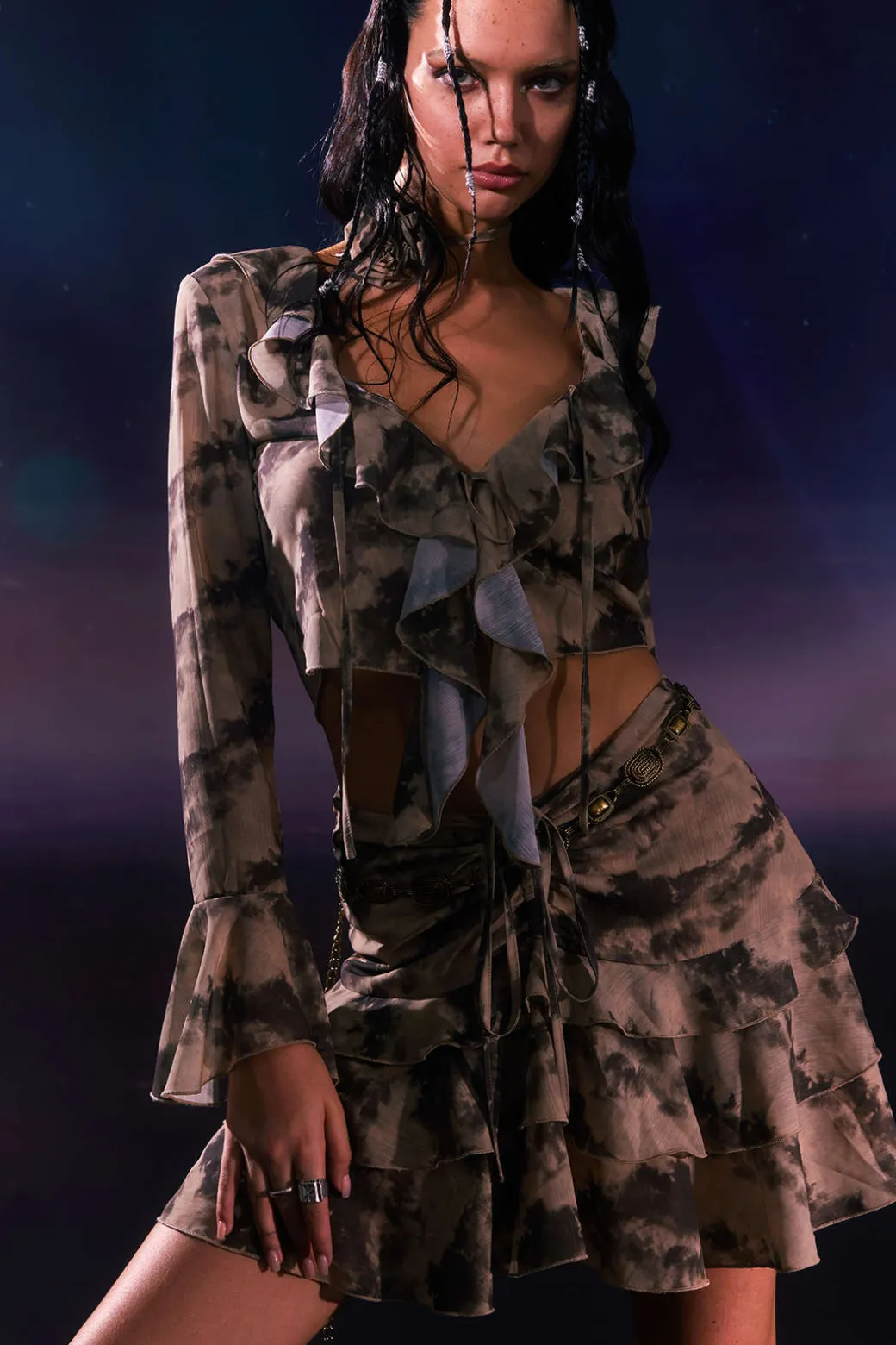 Tie Dye Flare Sleeve Tie Front Ruffle Top And Rose Choker