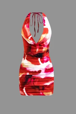 Tie Dye Halter Cowl Neck Backless Mini Dress