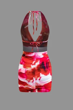Tie Dye Halter Cowl Neck Backless Mini Dress