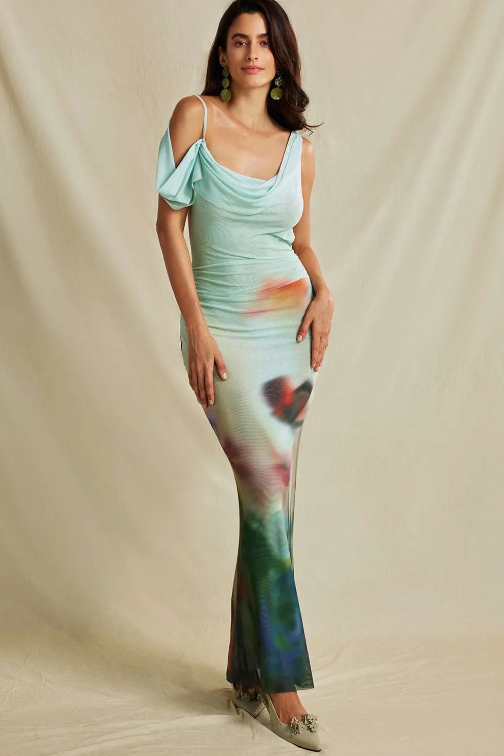 Tie Dye Mesh Backless Asymmetric Cowl Neck Maxi Dress
