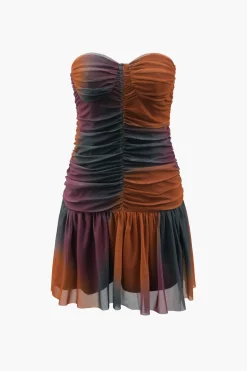Tie Dye Mesh Ruched Strapless Mini Dress
