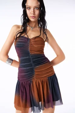 Tie Dye Mesh Ruched Strapless Mini Dress
