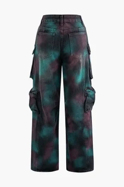 Tie Dye Multi Pocket Straight Leg Cargo Jeans