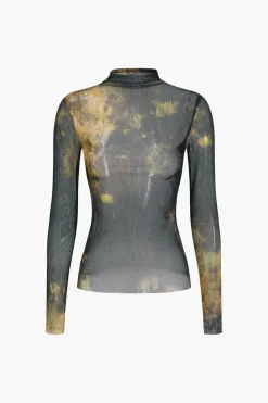 Tie Dye Print Mesh Long Sleeve Top