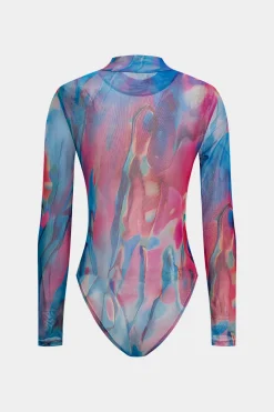 Tie Dye Print Mesh Long Sleeve Sheer Bodysuit