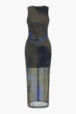 Tie Dye Print Ruched Midi Dress