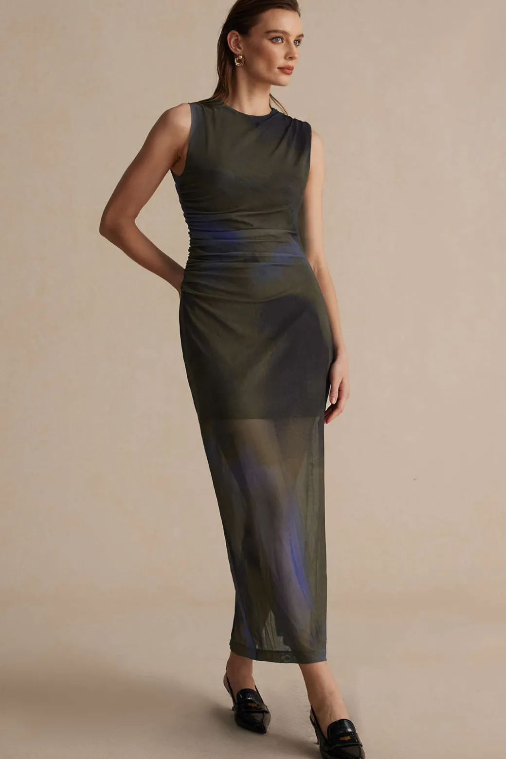 Tie Dye Print Ruched Midi Dress