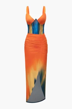 Tie Dye Print V-neck Ruched Maxi Dress