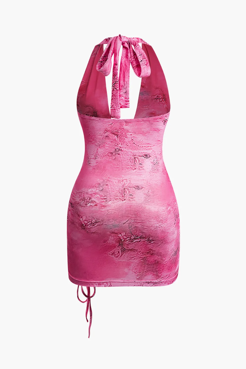 Tie Dye Ruched Drawstring Halter Mini Dress