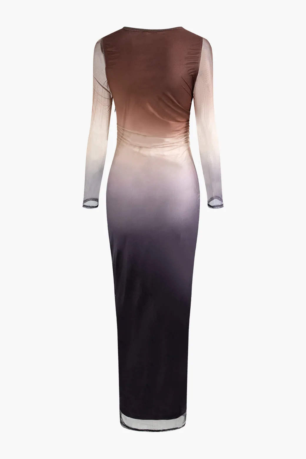 Tie Dye Ruched Mesh Long Sleeve Maxi Dress