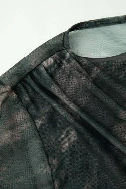 Tie Dye Ruched Mesh Long Sleeve Top