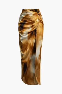 Tie Dye Ruched Split Maxi Skirt