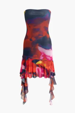 Tie Dye Ruffle Strapless Midi Dress