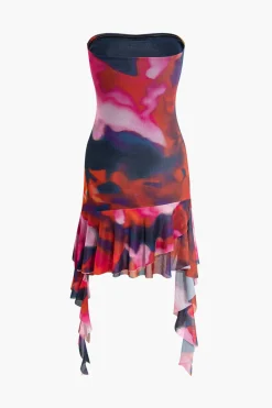 Tie Dye Ruffle Strapless Midi Dress