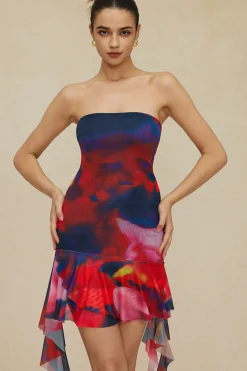 Tie Dye Ruffle Strapless Midi Dress