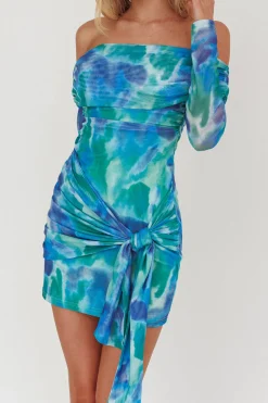 Tie Dye Tie Front Off Shoulder Long Sleeve Mini Dress