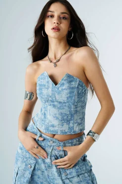 Tie Dye V-neck Denim Strapless Top