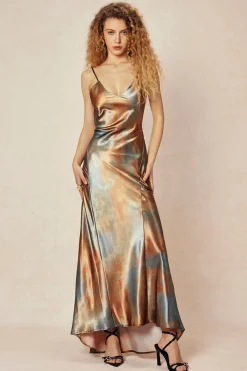 Tie Dye V-neck Satin Maxi Dress