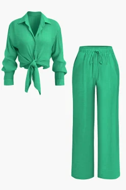 Tie Front Shirt And Wide Leg Pants Set