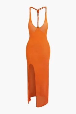 Tie Halter Backless Slit Crochet Knit Midi Dress
